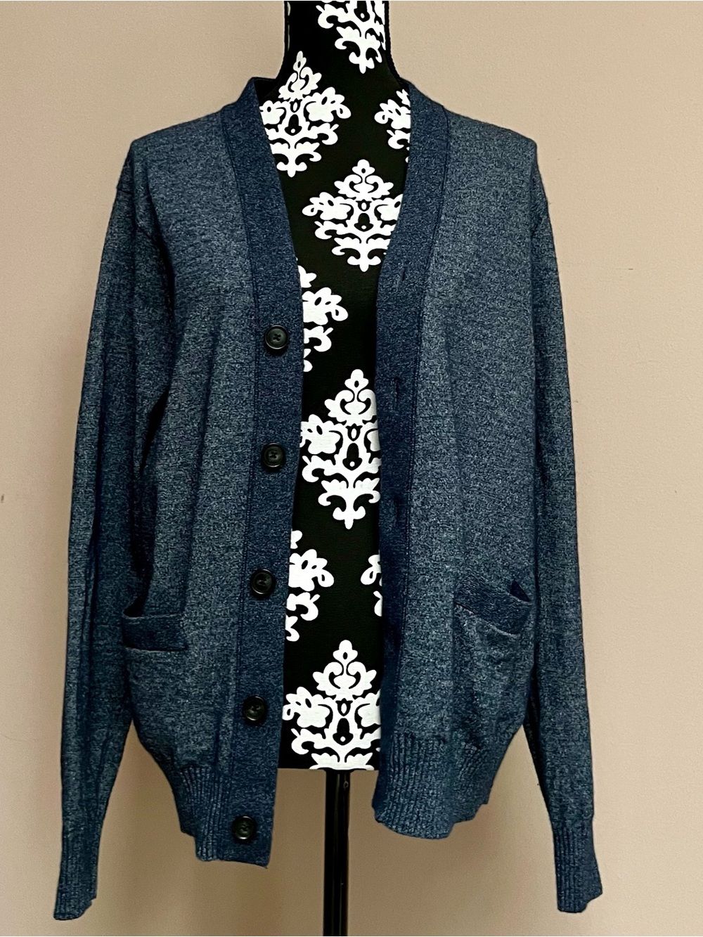 CLUB MONACO Men's Heathered Blue Merino Wool Blend V-Neck Cardigan